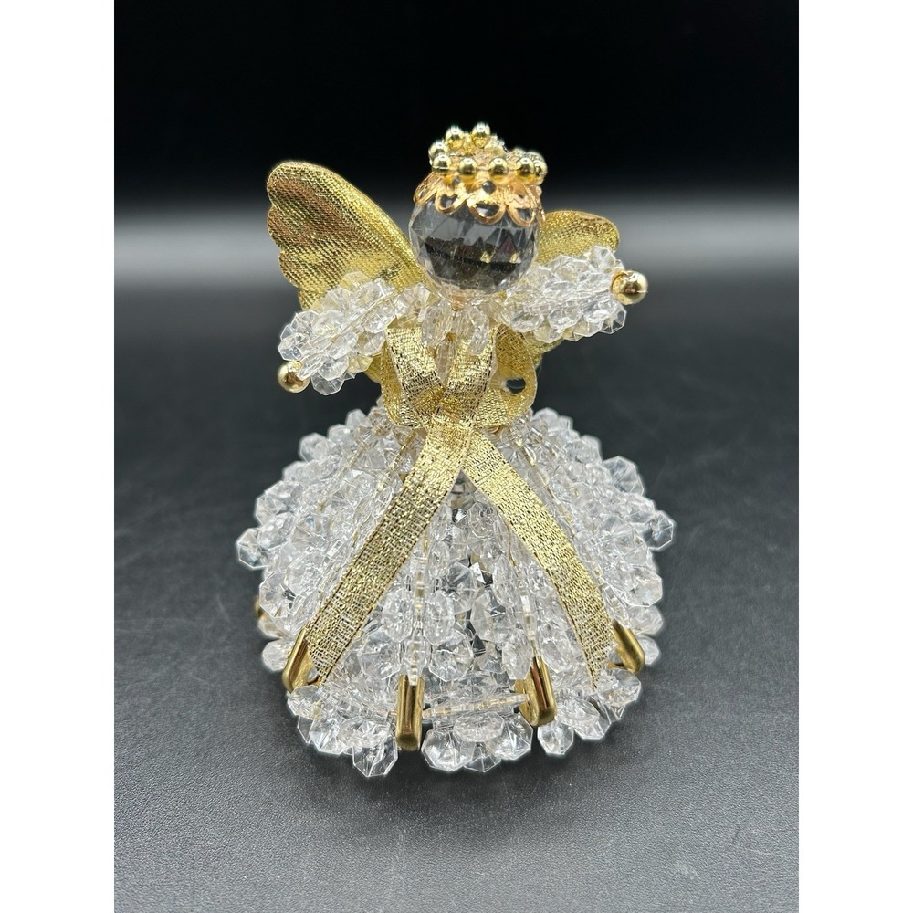 VTG Handmade Clear Acrylic Beaded Safety Pins & Wire Christmas Angel Ornament